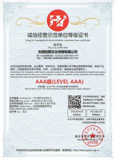 誠信經(jīng)營示范單位等級(jí)證書